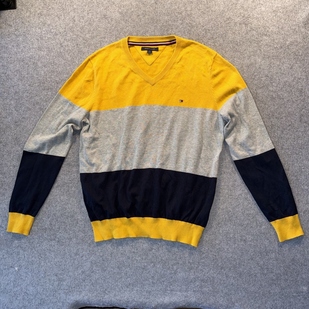 Tommy Hilfiger V-Neck Colorblock Sweater Large Yellow Navy Grey 100% Cotton